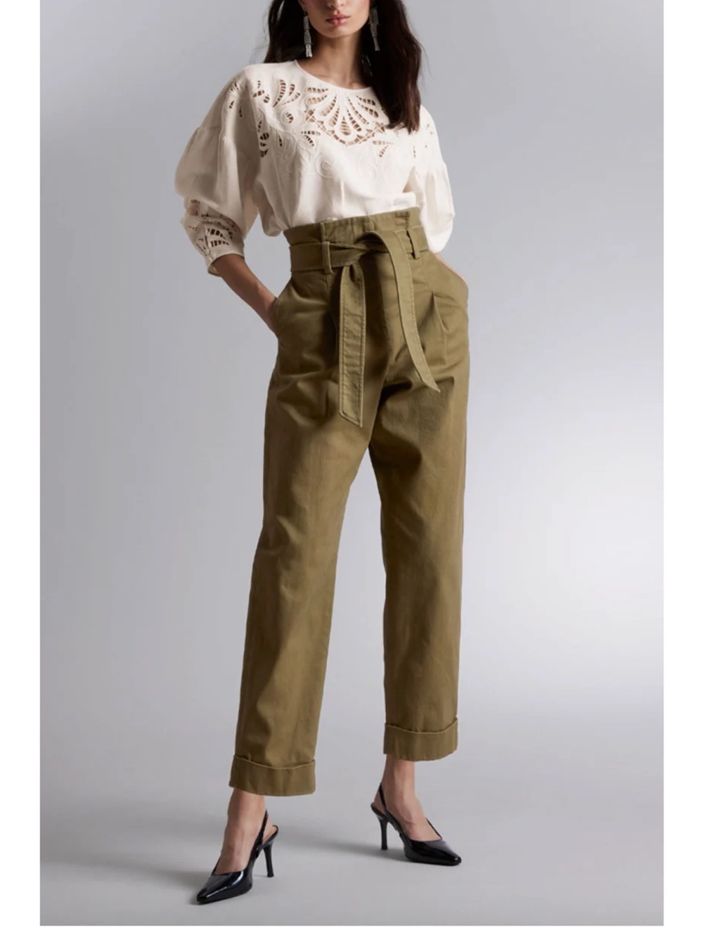 Other Stories Khaki Cropped high waisted Paperbag Trousers